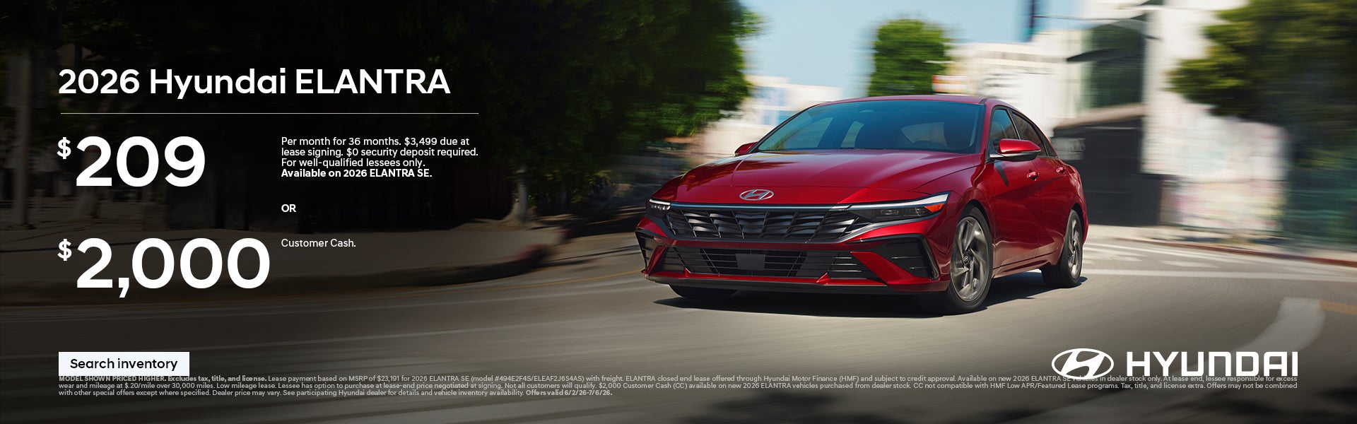 2026 Hyundai Elantra Lease or Customer Cash Offer